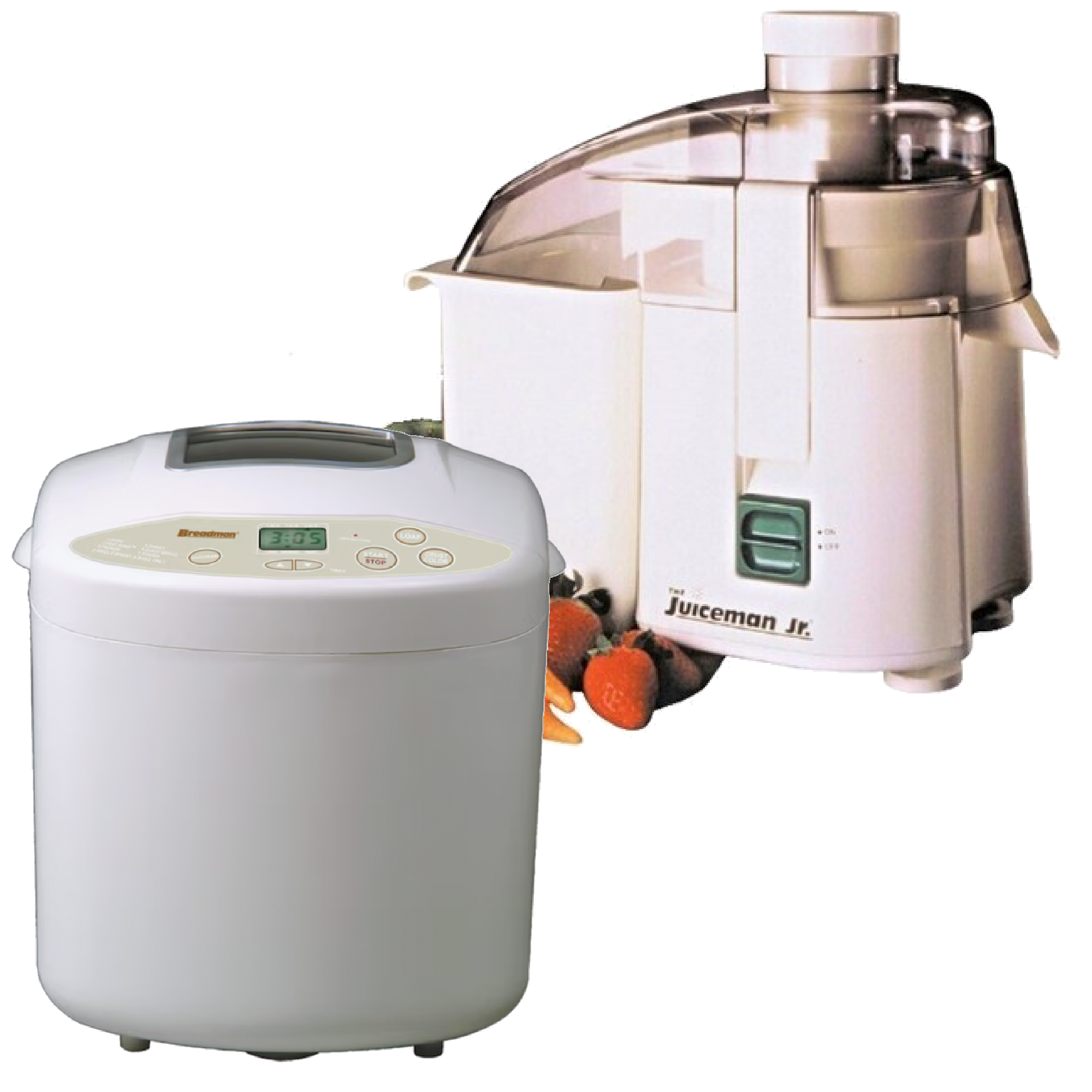 A bread machine and a juicer on a white surface, with a bunch of strawberries placed under the juicer.