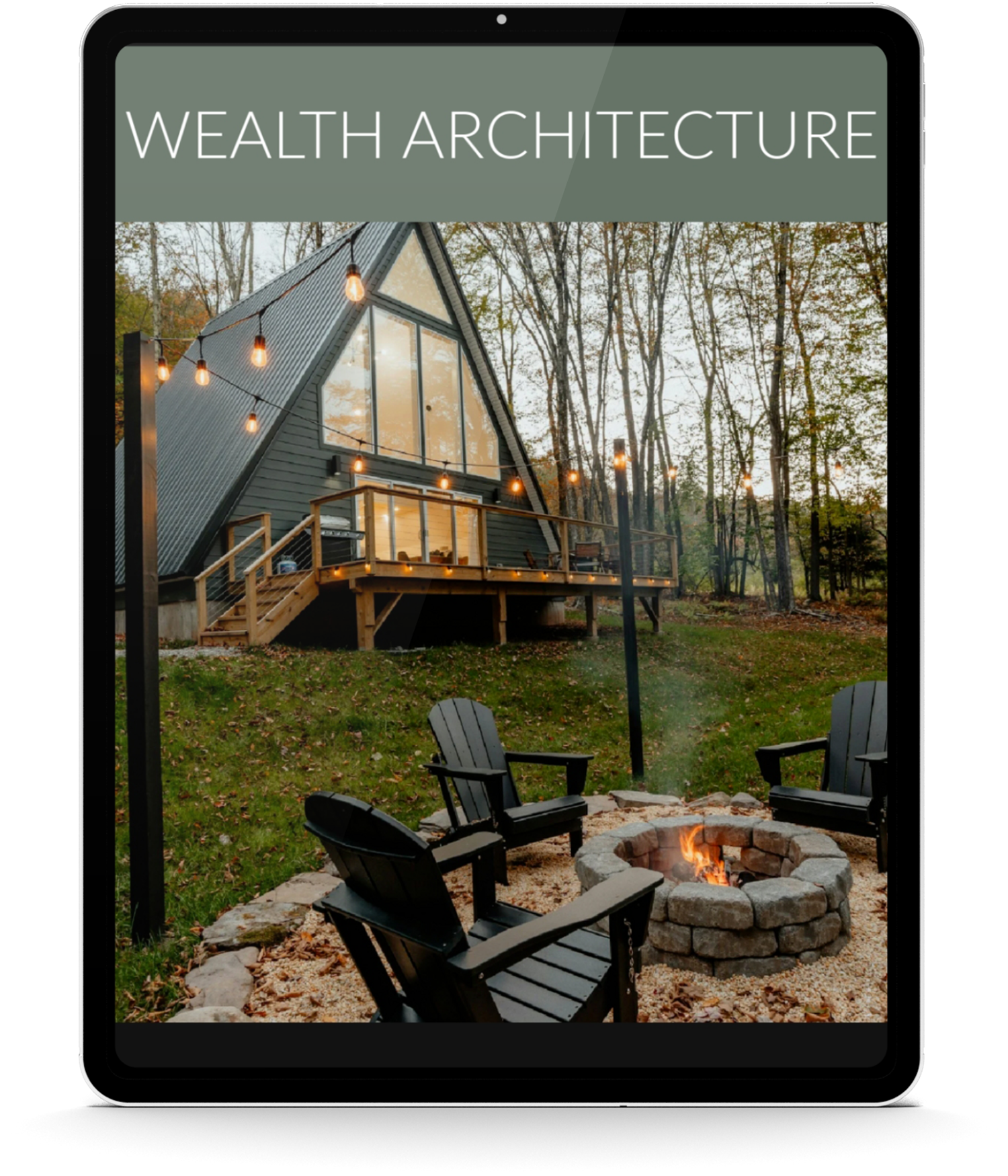 A smartphone screen displaying an outdoor scene with a modern A-frame house with large windows, surrounded by trees. There is a deck with string lights and an outdoor seating area with Adirondack chairs and a fire pit.