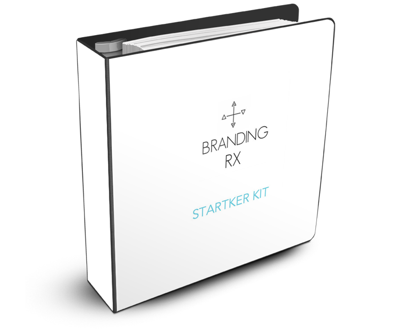A white binder with the text 'Branding RX' and 'Starter Kit' on the cover, featuring a small compass logo.
