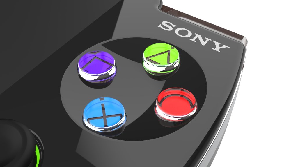 Close-up of Sony gaming controller buttons with blue X, green triangle, red circle, and purple square symbols.