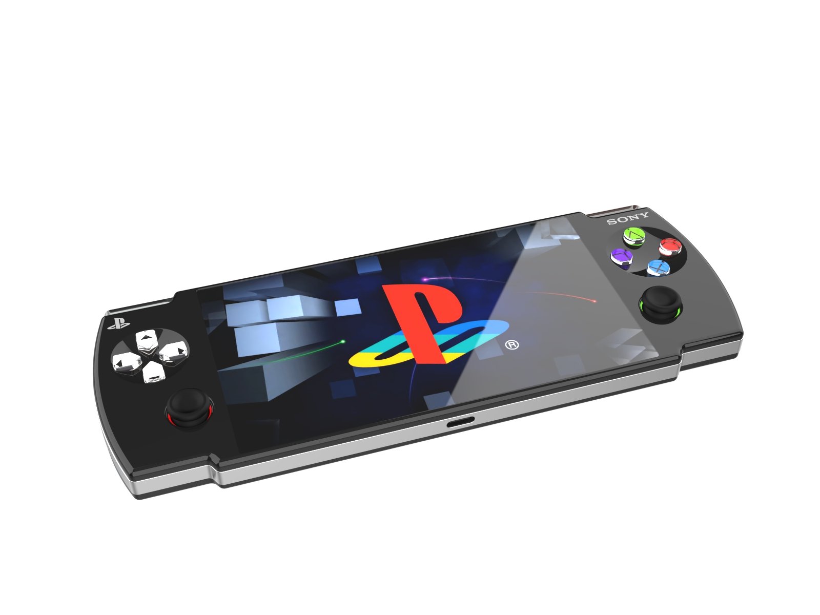 Concept design of a PlayStation portable gaming device with PlayStation logo on screen.