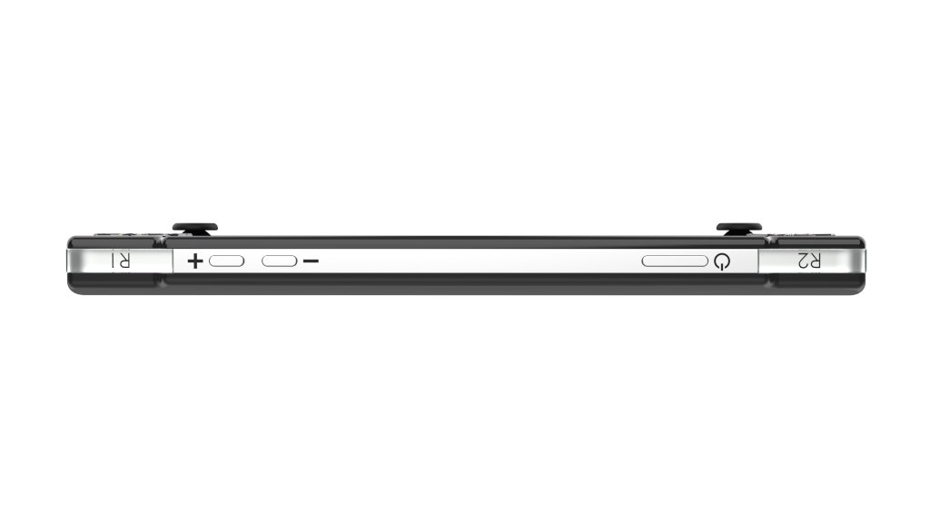 Horizontal view of a handheld gaming console showing side buttons and controls.