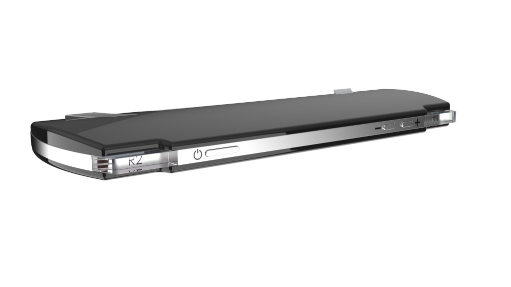 3D render of sleek, black electronic device with power and volume buttons