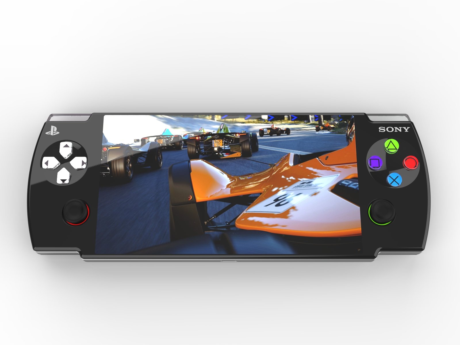 Concept design of a handheld gaming console with PlayStation branding, displaying a racing game with Formula One cars on the screen.