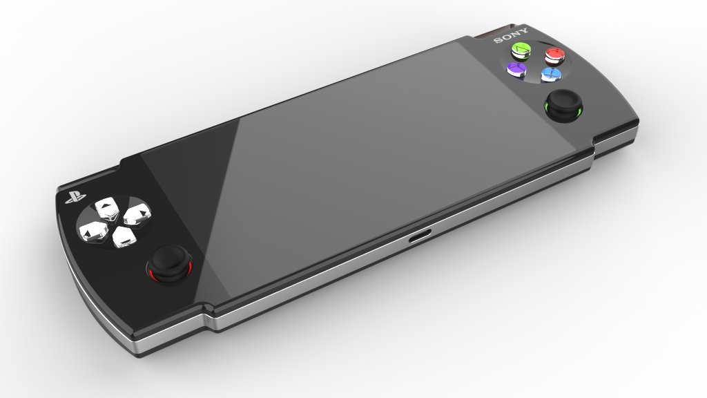 Concept design of a handheld gaming device resembling a Sony PlayStation Portable.