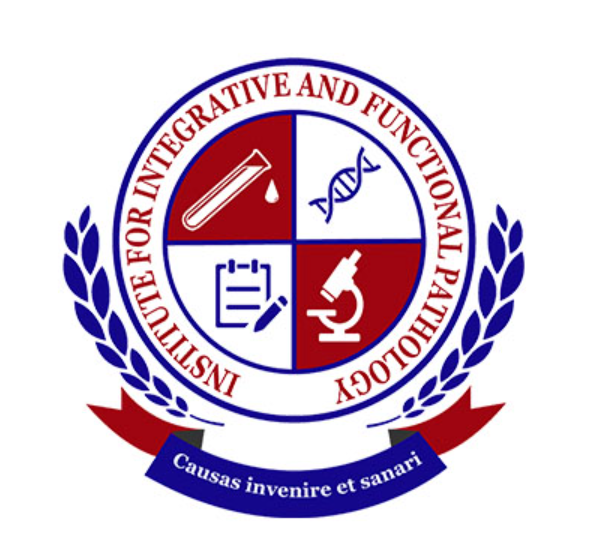 Logo of the Institute for Integrative and Functional Pathology featuring a test tube, DNA strand, clipboard, and microscope, with the motto 'Causas invenire et sanari' in a blue banner.