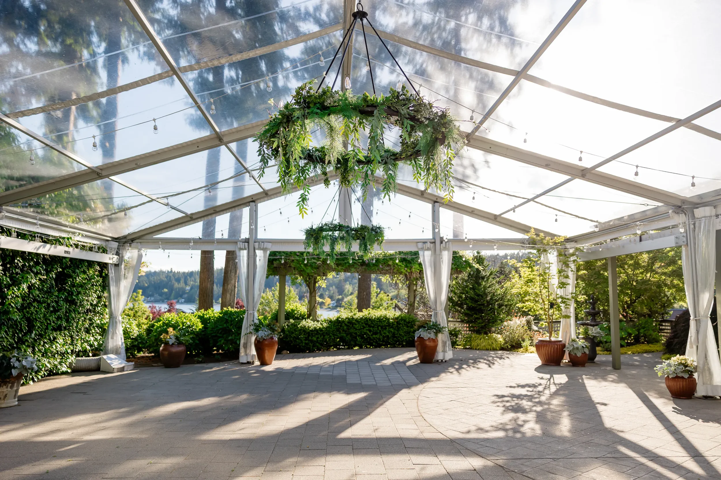 Manor House at Pleasant Beach Solarium wedding reception tent Bainbridge Island with Puget Sound views