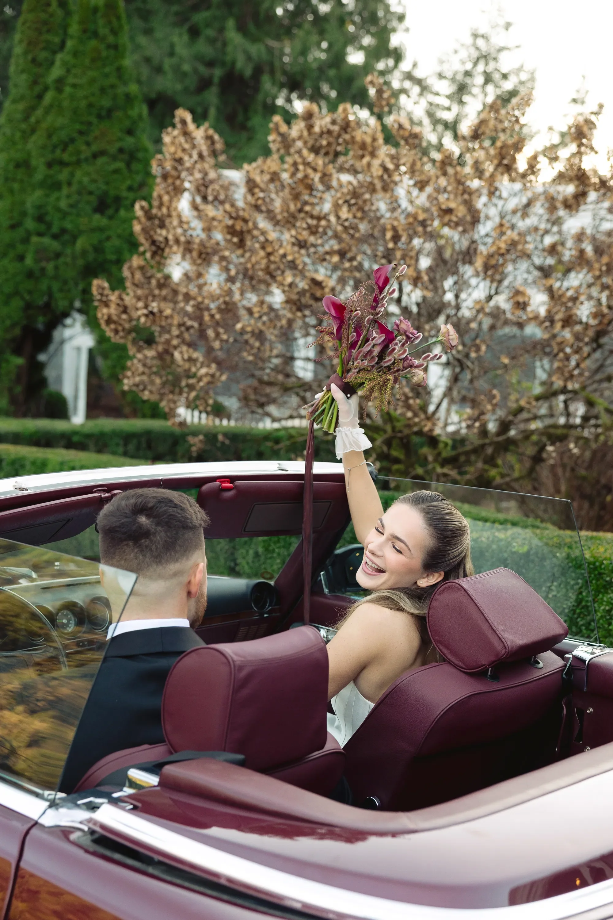 Just‑Married Convertible Moment at Fox Hollow Farm