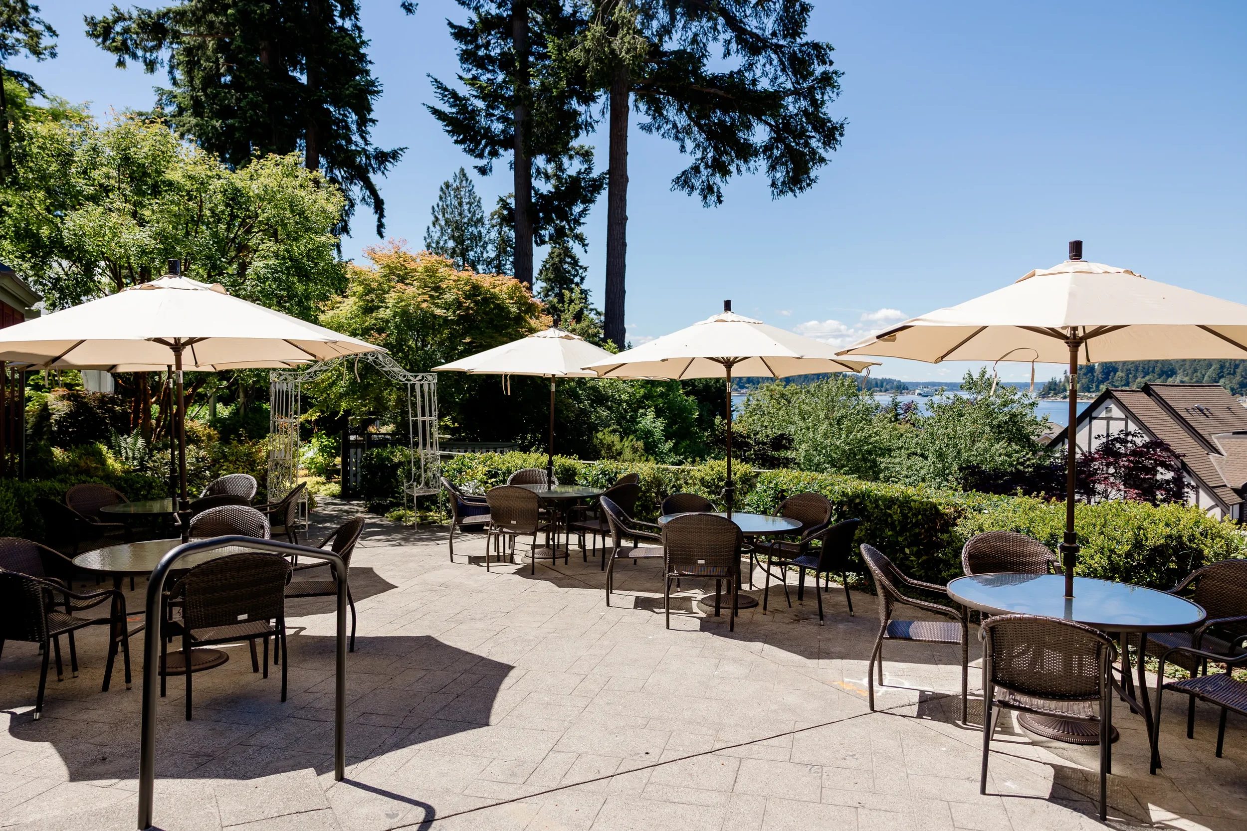 Manor House at Pleasant Beach outdoor patio with Puget Sound views Bainbridge Island wedding venue