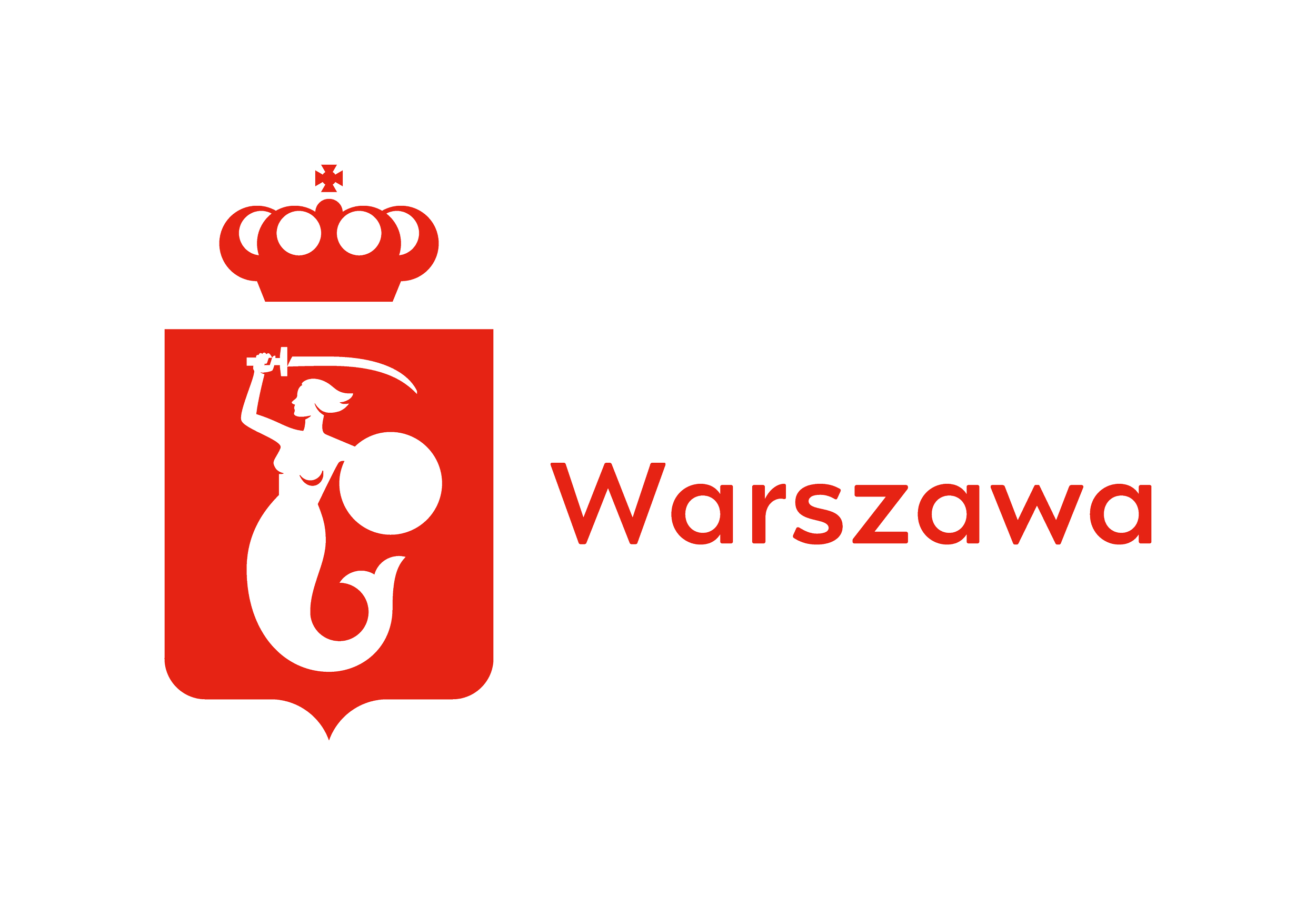 Czerwony logotyp Miasta Stołecznego Warszawy z syrenką w herbie.