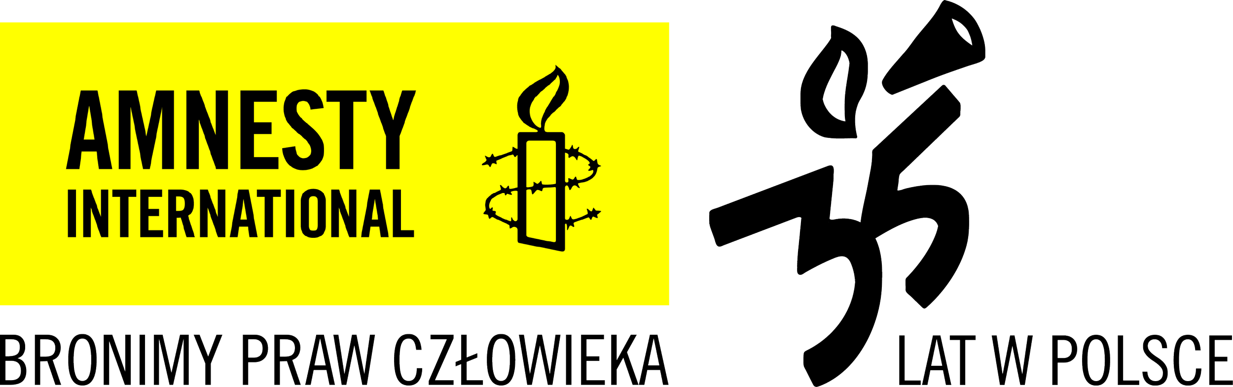 Logotyp Amnesty International z żółtym tłem.