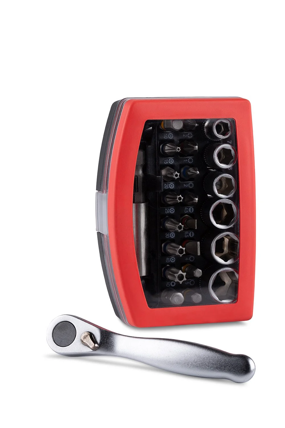 Set van verschillende bits en ratel in een rode kunststof box met een losse ratel voor het vastdraaien of losdraaien van schroeven.