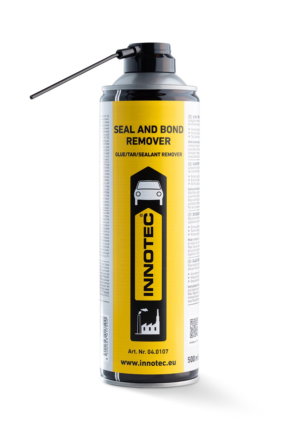Spuitbus van Innotec Seal and Bond Remover, geel en zwart label, bevat remmiddel voor lijm, kit en afdichtmiddel, artikelnummer 04.0107.