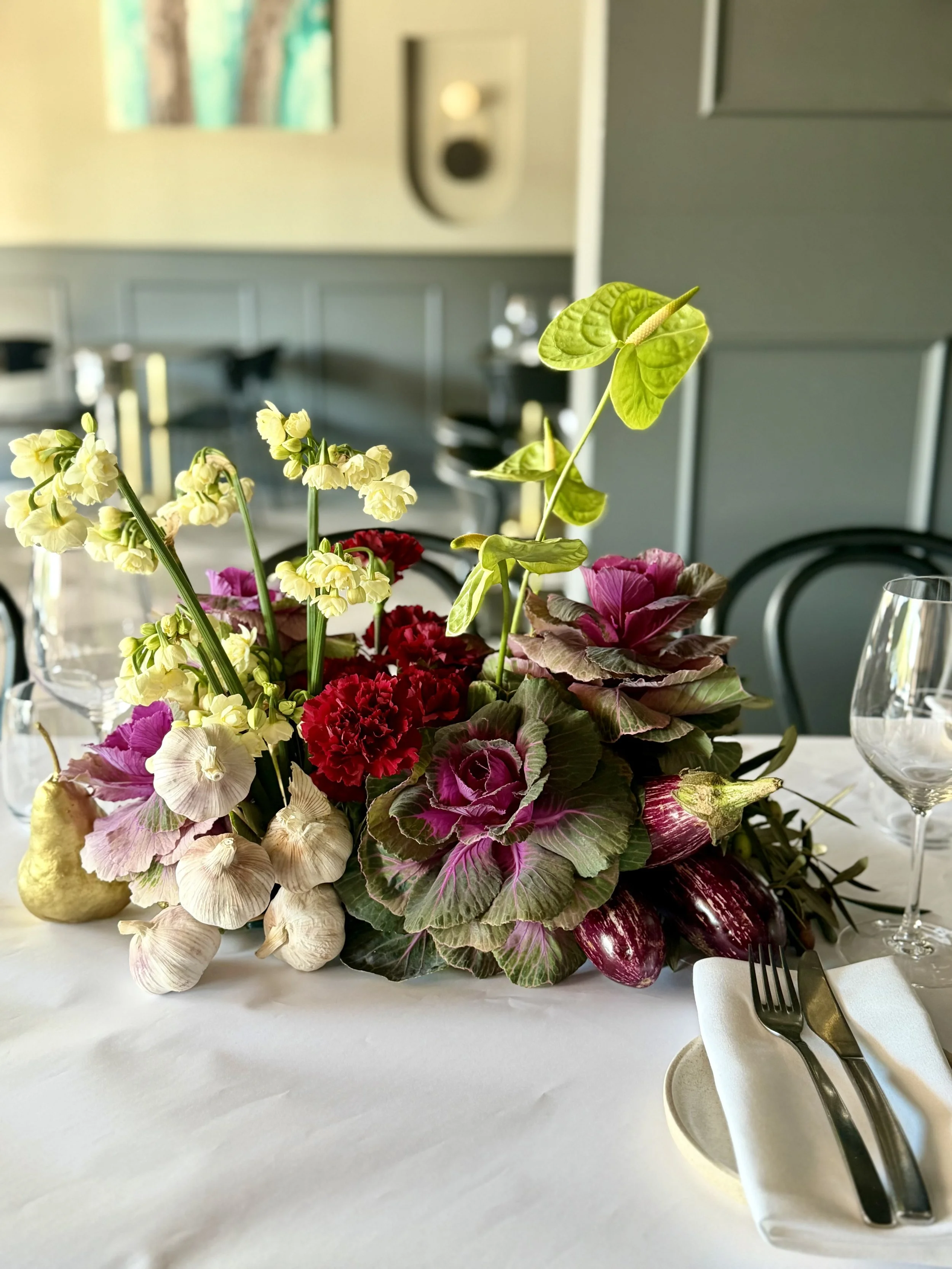 italian themed arrangements garlic eggplant gold pears.jpeg