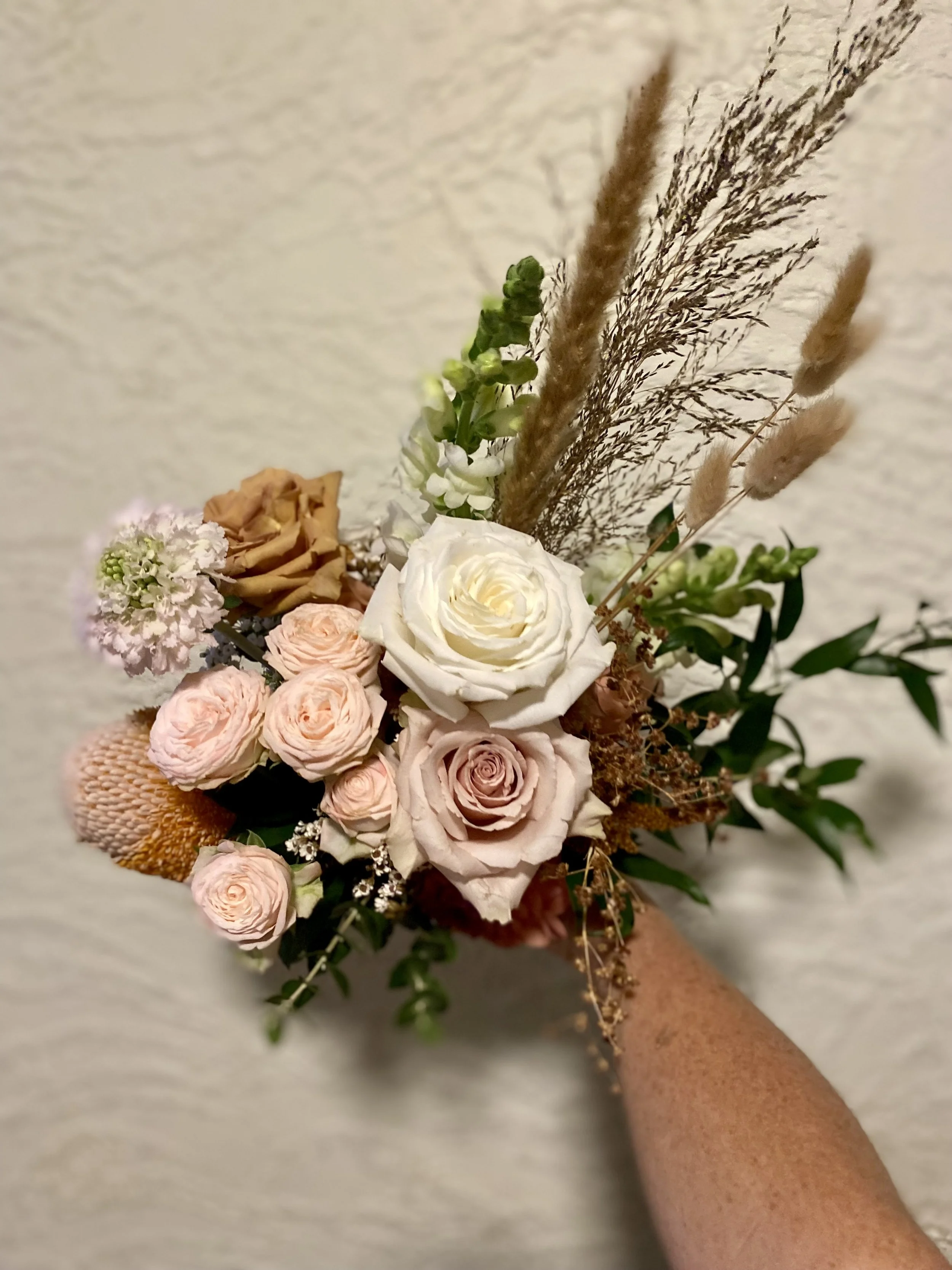 Bridesmaid bouquet blush pink, peach, brown, white.jpg