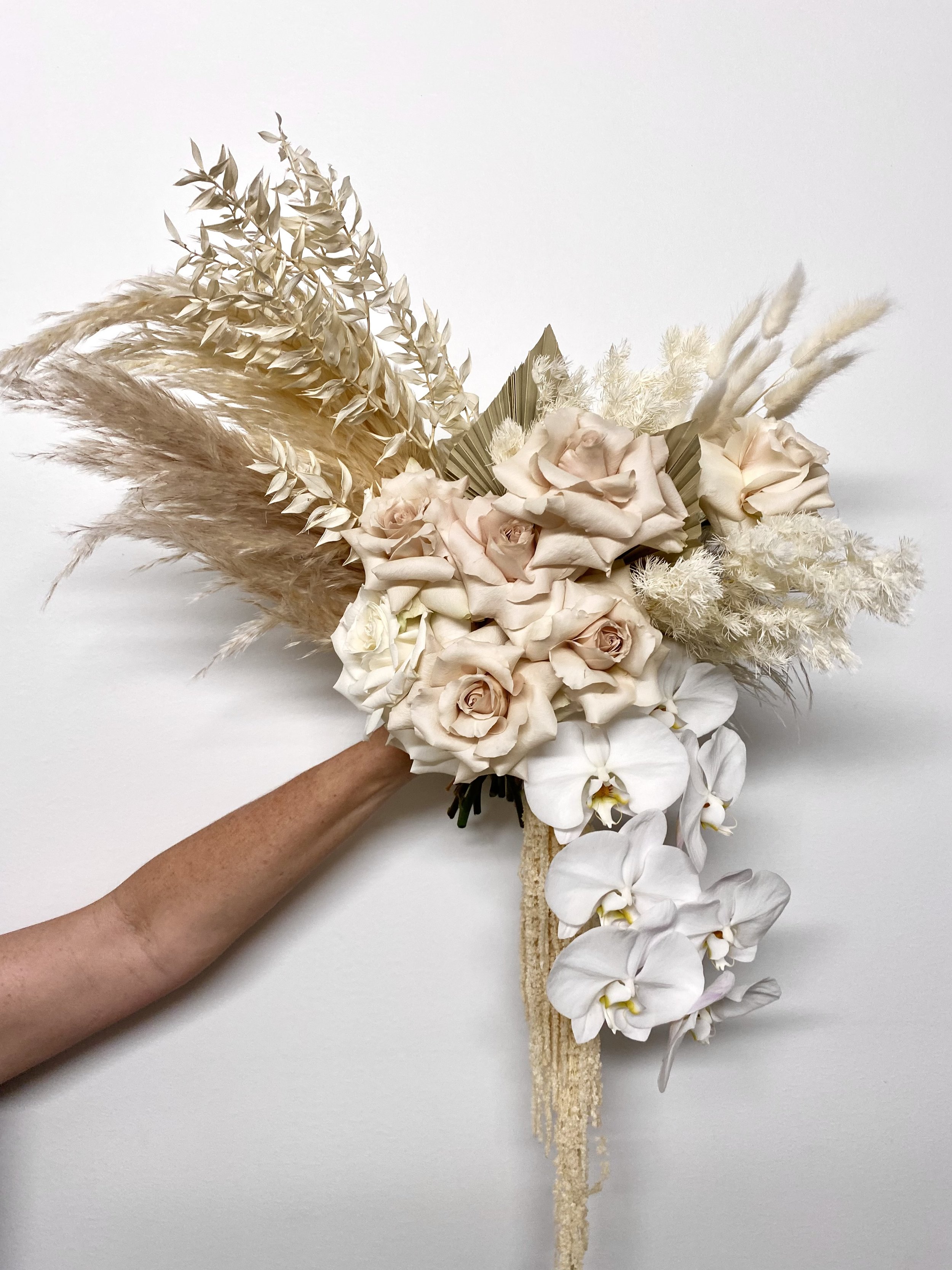 Modern blush and white cascade wedding bouquet with amaranthus 1.jpg