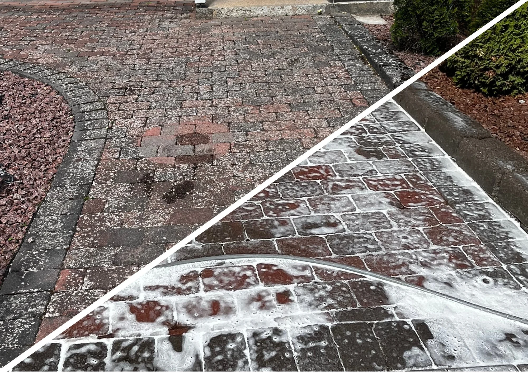 Stenplattor före och efter årligt underhåll