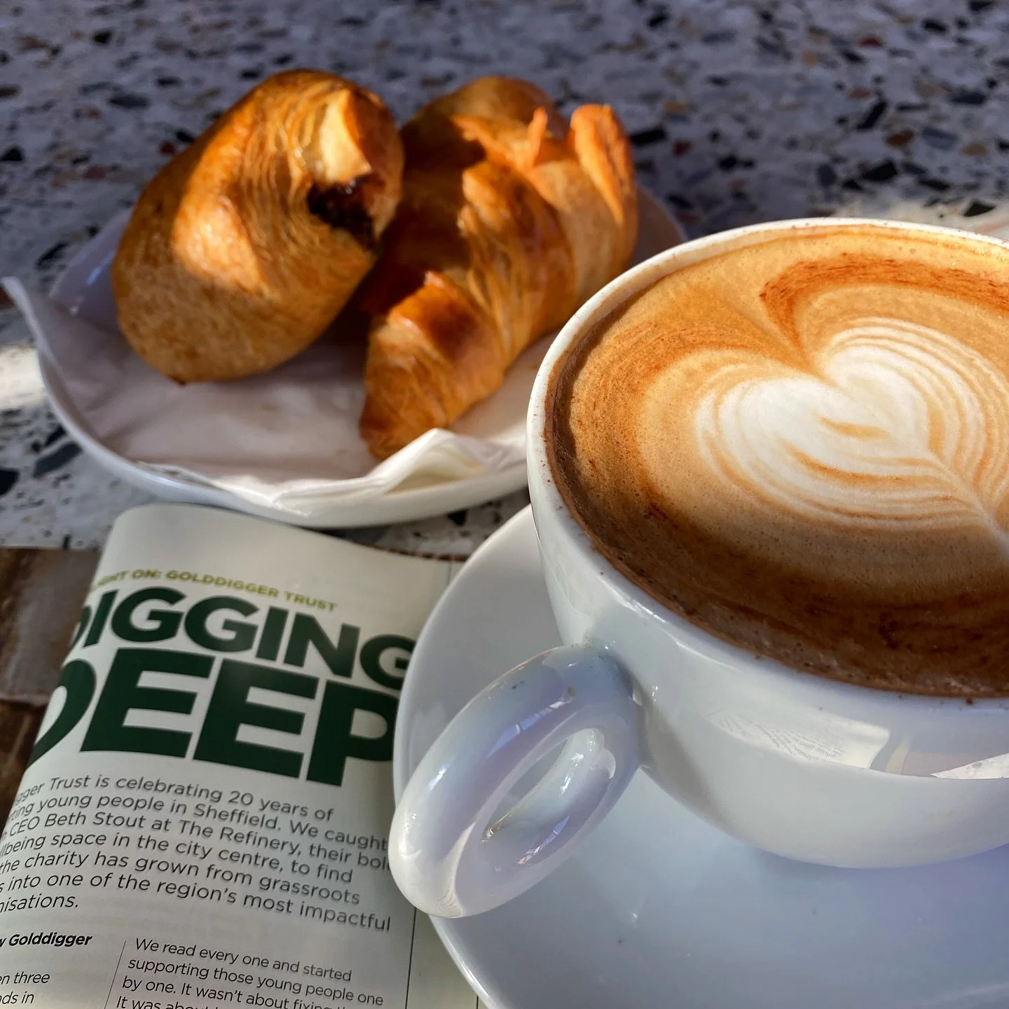 Starting the day right with sunshine, coffee, and a read of @golddiggertrust feature in the latest @unltdbusiness magazine &ndash; celebrating work that really matters.

We&rsquo;re open all morning and into lunch &ndash; come by and stay a while 🥐☕
