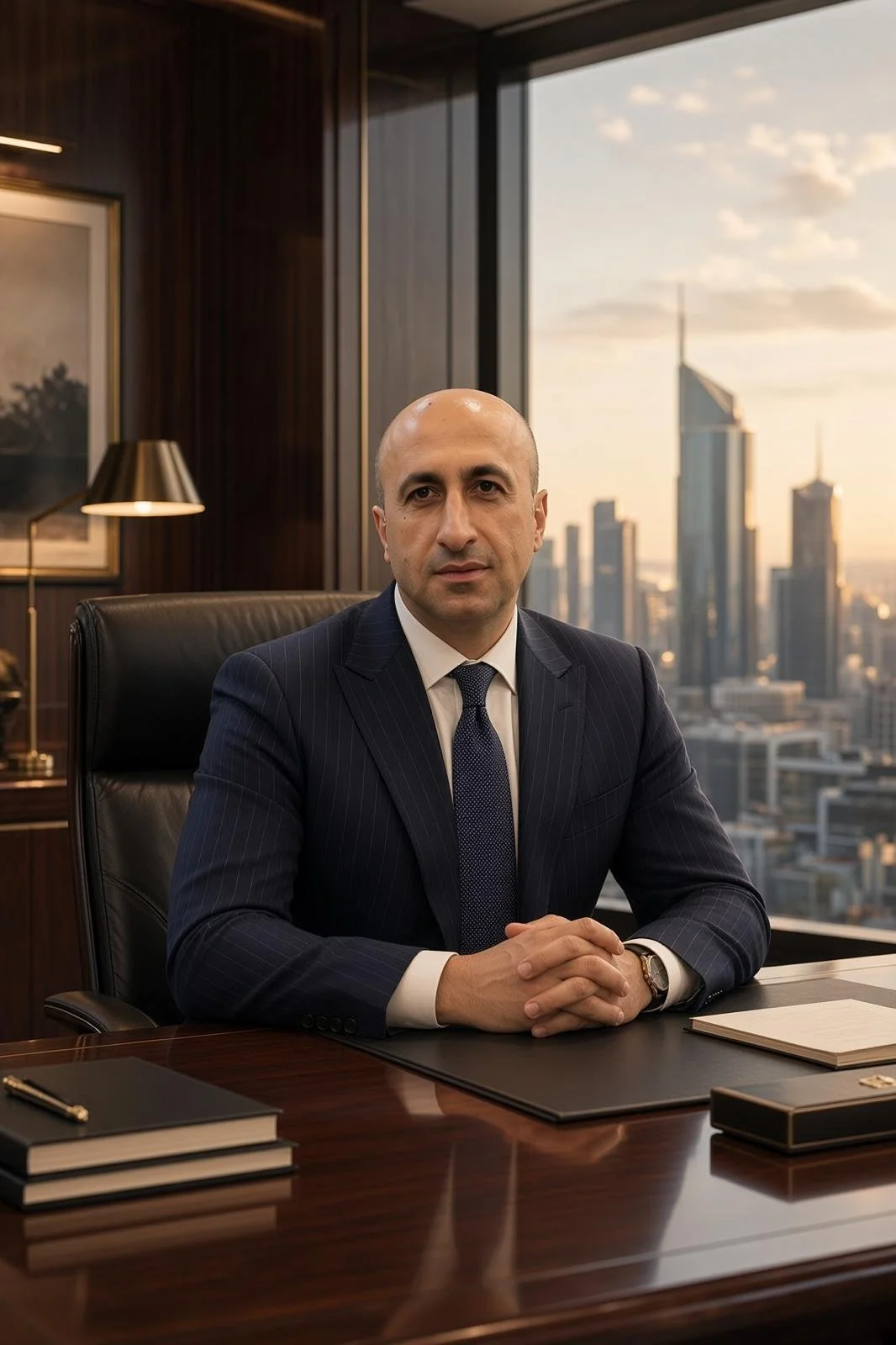 Homme d'affaires assis à un bureau dans un bureau de haut étage avec vue sur la ville.