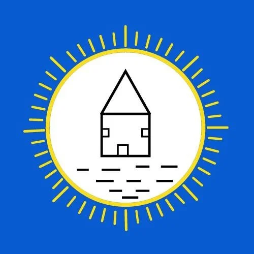 A graphic of a house with a triangular roof on a blue background, surrounded by a yellow clock-like border with lines indicating time.
