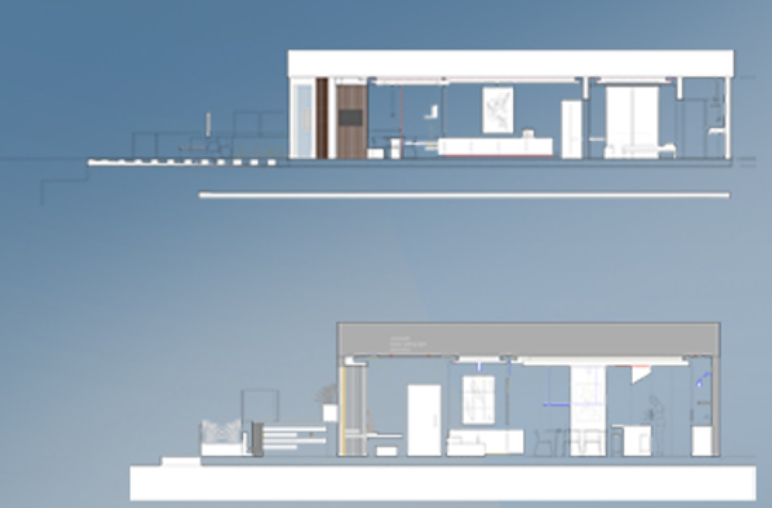 Blueprints of a modern house with detailed interior layouts, including living spaces, kitchen, and bedrooms, shown in sectional view.