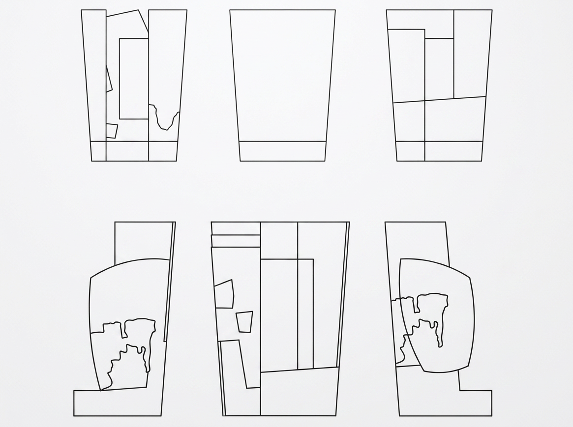 Line drawings of six different abstract geometric shapes or patterns arranged in two rows.