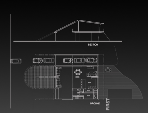 Architectural blueprint showing a building floor plan and a sectional view.