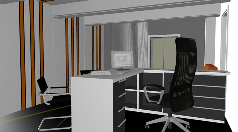 Illustration of a modern office space with a white desk, black office chairs, a computer monitor, a window, and decorative wooden wall panels.