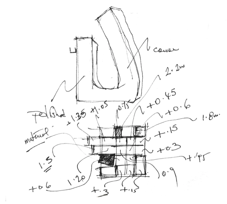 A hand-drawn sketch of a mechanical or architectural design with labeled measurements and annotations, including a large L-shaped component and various detailed measurements.