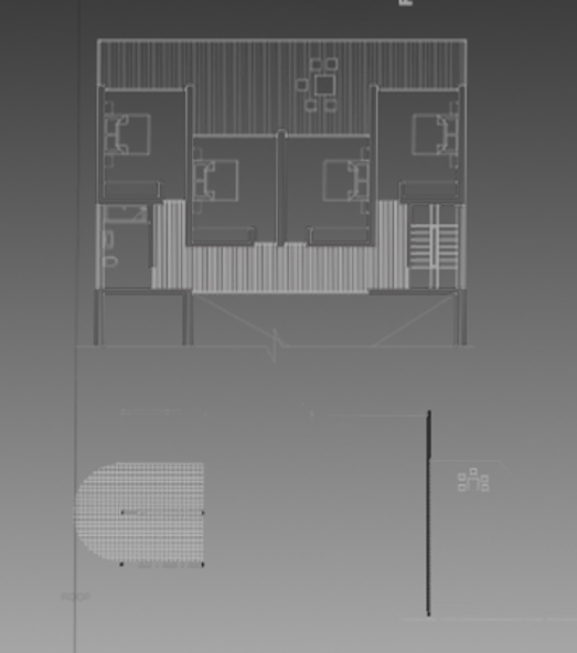 Architectural floor plan of a building with multiple rooms, stairs, and an outdoor area with a small structure.