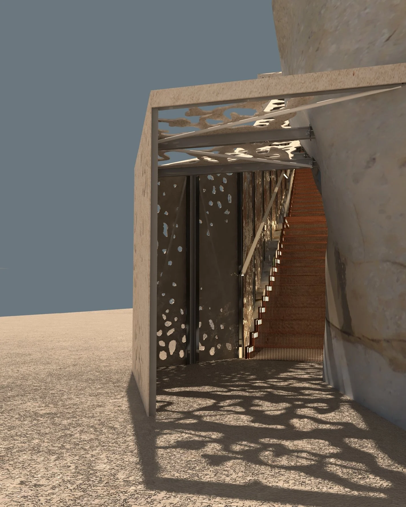 View inside a modern building with a decorative perforated metal wall, a staircase, and shadows cast through the perforations onto the floor.