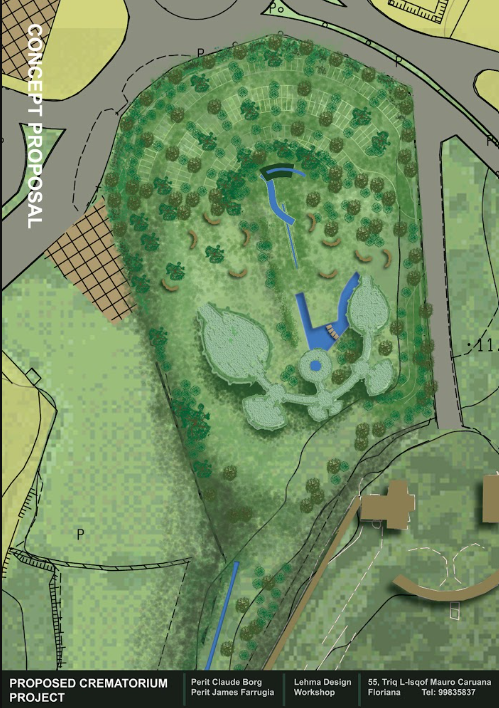 A detailed landscape plan for a proposed crematorium project, including trees, water features, pathways, and surrounding infrastructure.