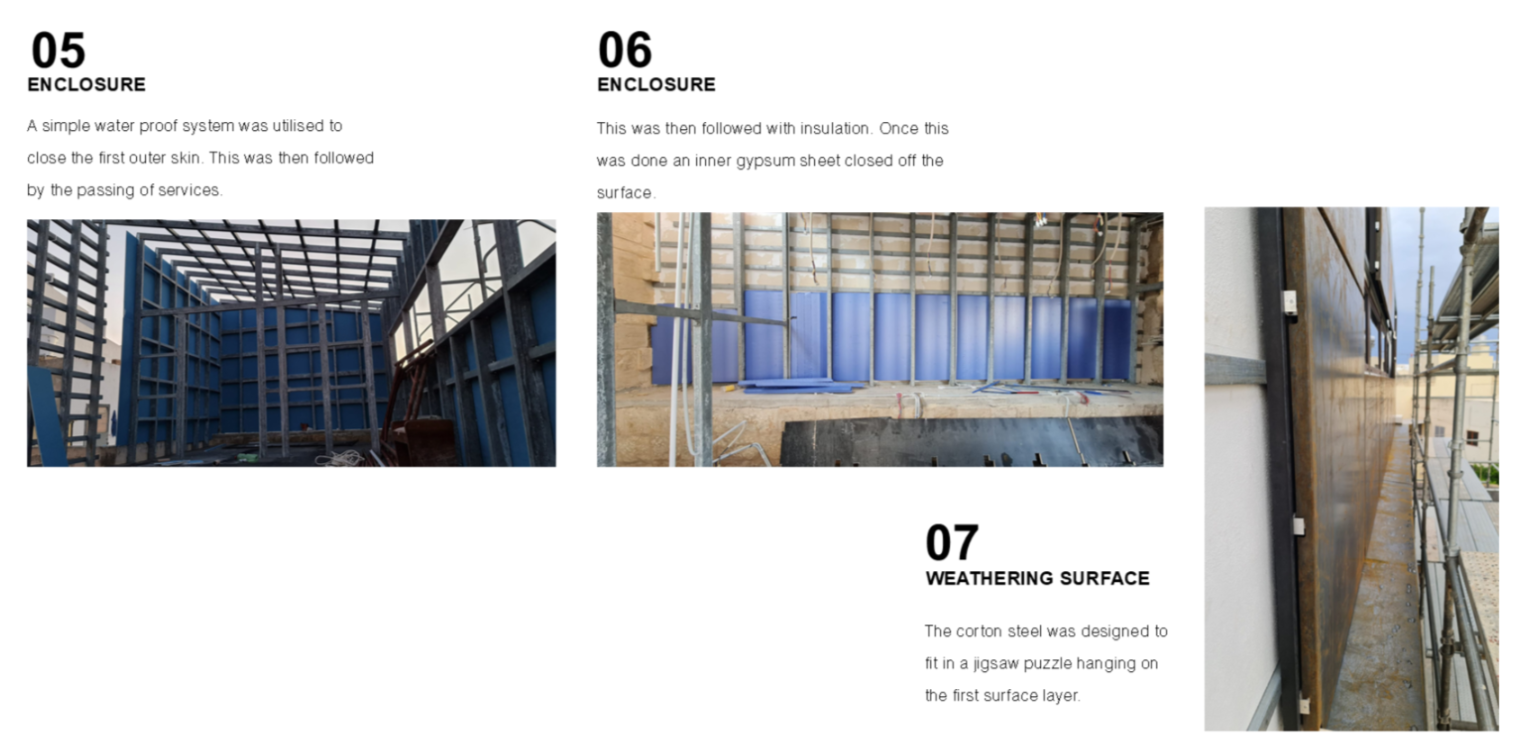 Construction site images showing insulation and weathering steel panels on building exterior