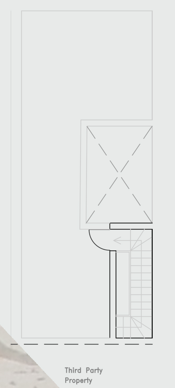 Architectural floor plan of a building with stairs, a small room, and outdoor space labeled as third-party property.