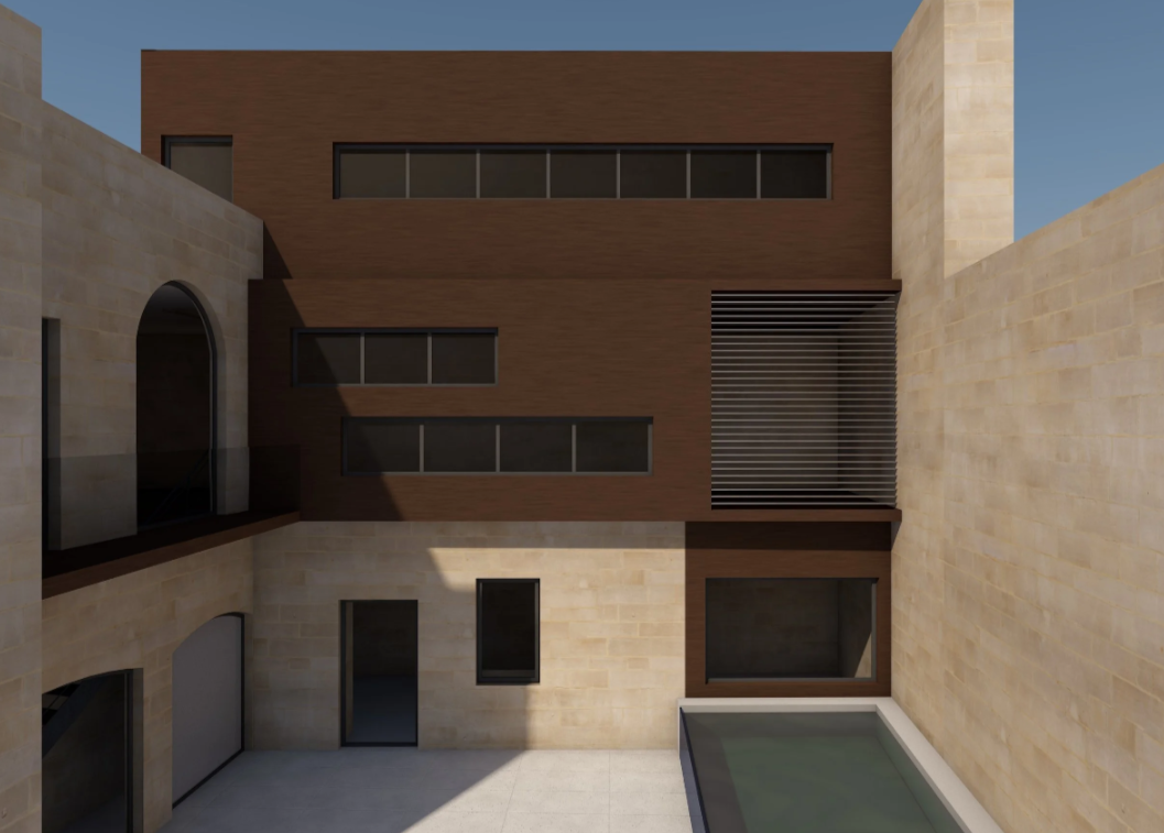 Modern multi-story building with tan brick and brown panels, featuring long horizontal windows and a pool in the courtyard.