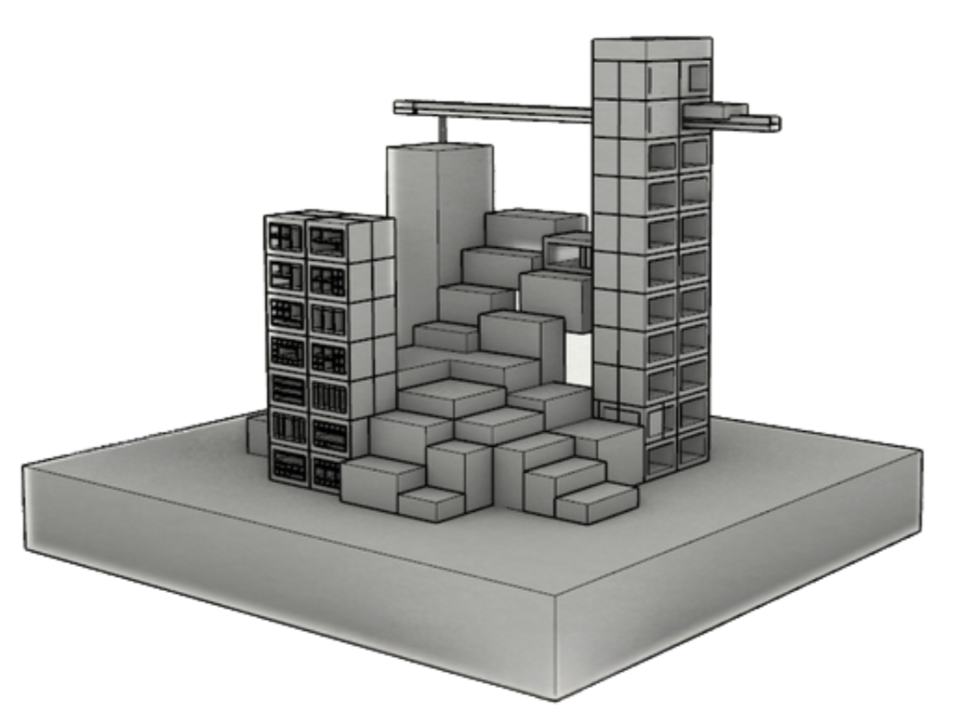 A 3D model of a construction site with partially built structures made of blocks, a crane, and a piece of land as the base.