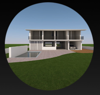 Modern two-story house with a large patio, swimming pool, and green lawn under a clear sky.