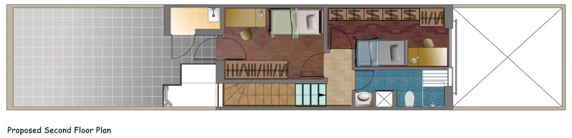Proposed second-floor plan of a house with bedrooms, bathroom, closet, stairway, and outdoor area.