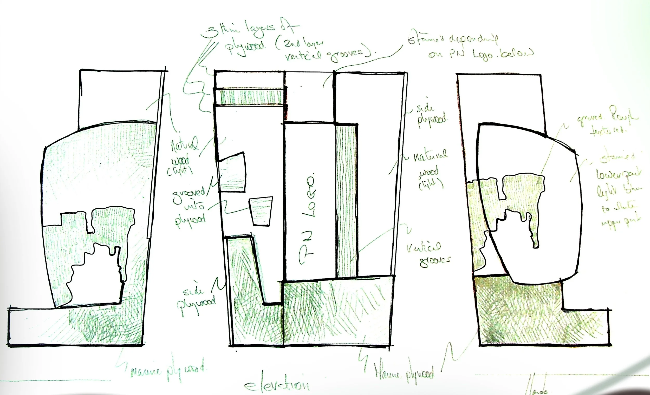 Hand-drawn architectural sketch of a building elevation with notes. The sketch shows multiple levels of the building with labeled features such as plywood layers, natural wood cladding, side plywood, grained plywood, and various facade details.