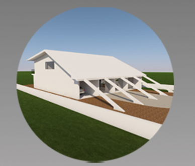 Design sketch of a house with a steep roof and multiple outdoor walkways, set on a grassy terrain.