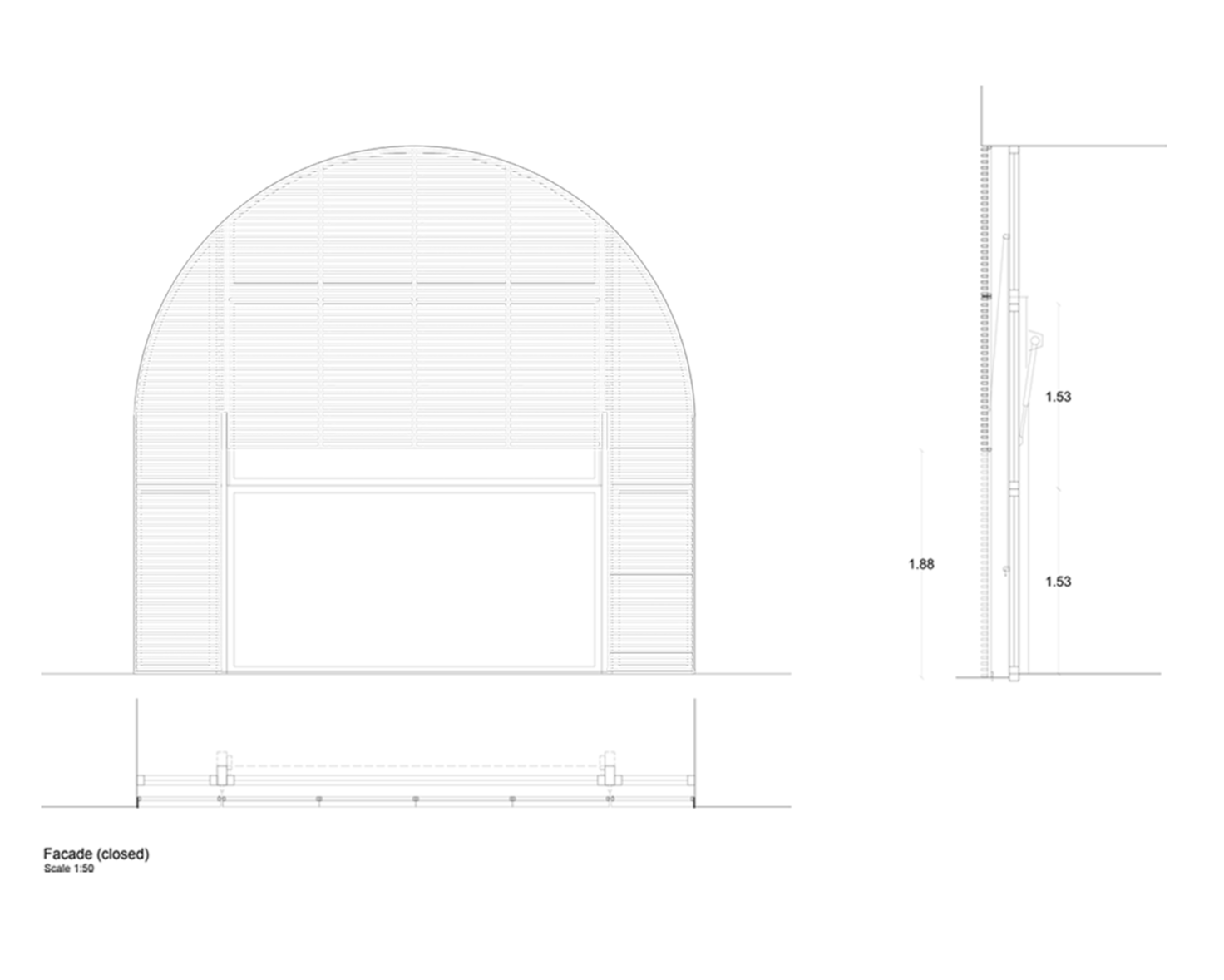 Architectural blueprint of a curved-roof building facade, closed, with measurements indicating height and width.