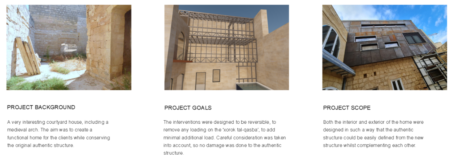 Three images showing construction and renovation of a courtyard house with medieval and modern architectural elements.