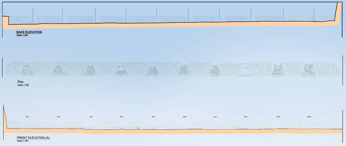Architectural blueprint showing back elevation, plan view, and front elevation of a landscape feature with stone retaining walls.