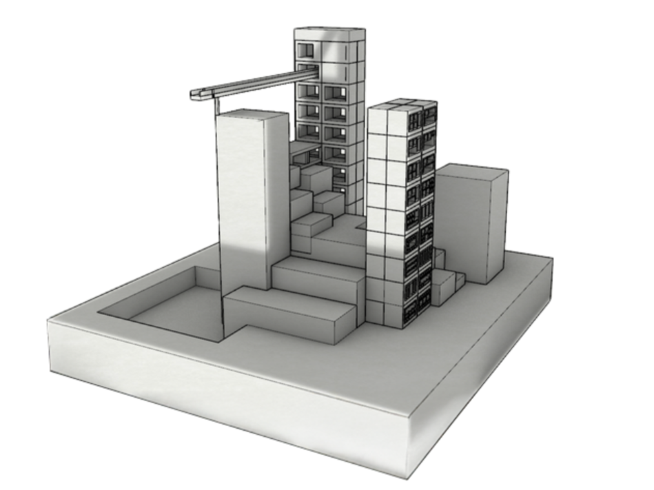 A grayscale architectural model of a modern urban building with multiple towers and staircases on a flat base.