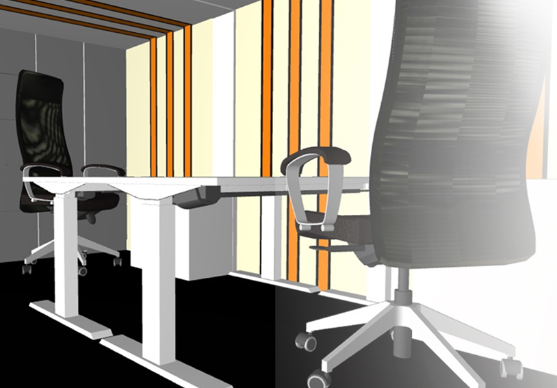 Modern office conference room with black chairs, white table, and colorful wall paneling.