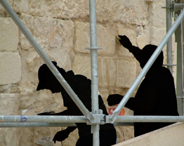 Silhouette of a person wearing a bunny costume behind scaffolding in front of a stone wall.