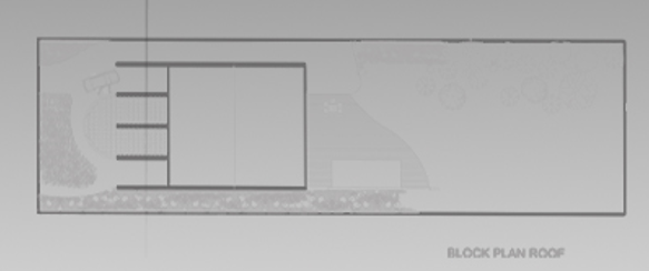 Architectural block plan of a roof layout with staircases, a rectangular structure, and labeled 'Block Plan Roof' in the bottom right corner.