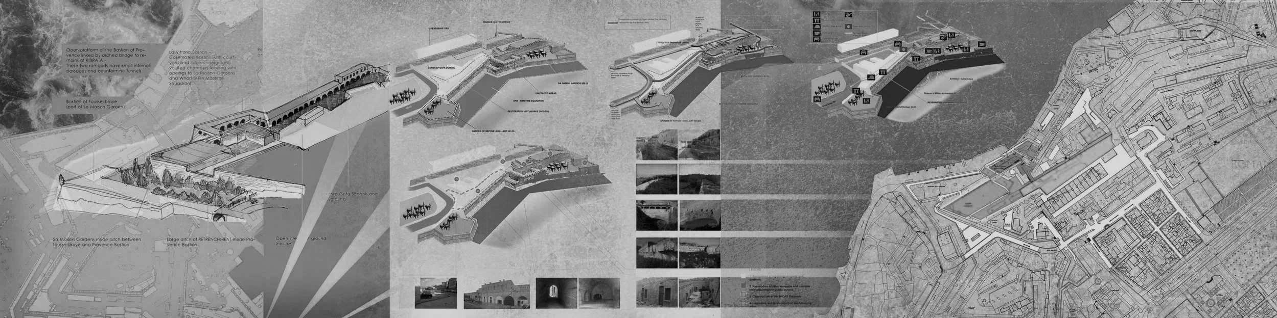 A detailed architectural plan and diagram of a waterfront area, including bridges, buildings, and roads, with annotations and smaller photos of structures.
