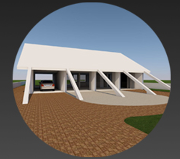 Modern house with a large driveway and an attached garage, featuring a sloped roof and white exterior walls.