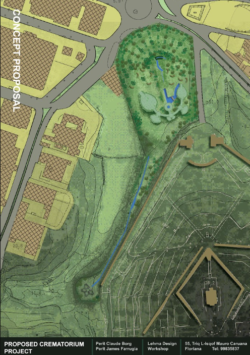 A detailed map of a proposed crematorium project showing roads, residential areas, and a large landscaped park with paths, water features, and structures.